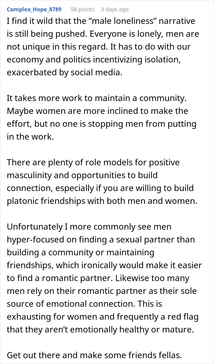 Reddit post discussing solutions for the male loneliness epidemic and encouraging community building.