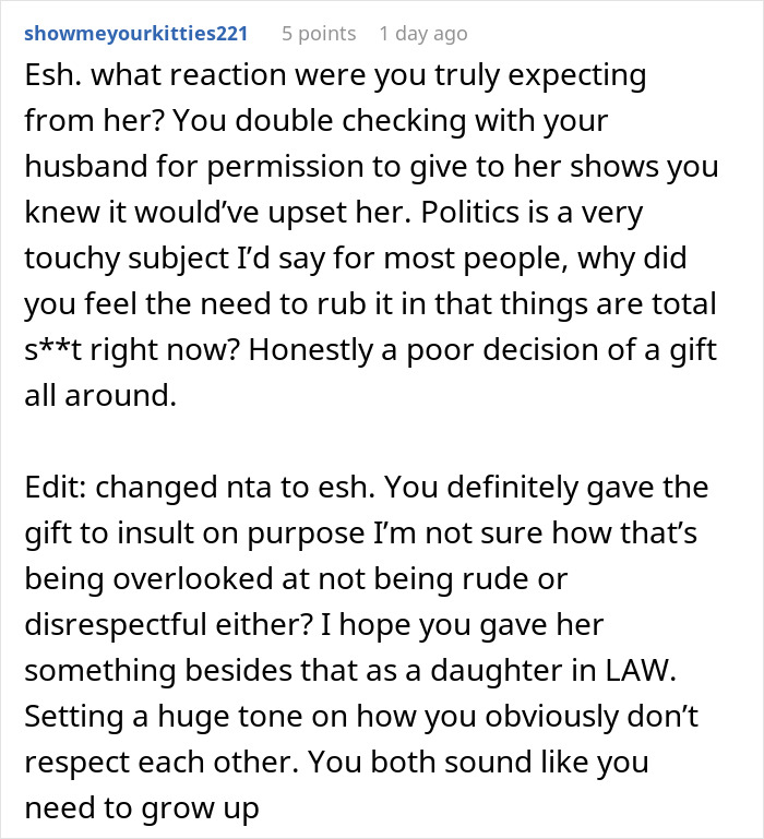 Reddit comment discussing consequences of giving a controversial gift, questioning motives and respect. Reddit comment discussing consequences of giving a controversial gift, questioning motives and respect.