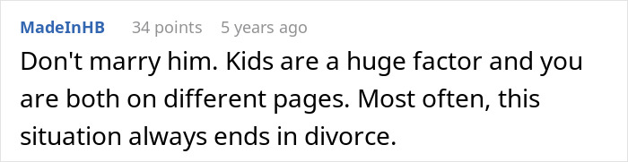 Reddit comment advising against marriage due to differing views on motherhood.