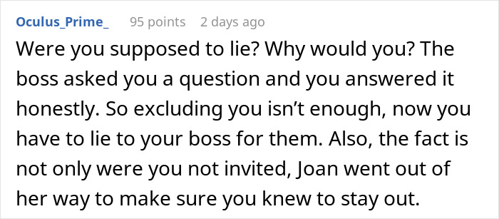 Image showing a comment about being excluded from an office party, leading to office parties being banned.