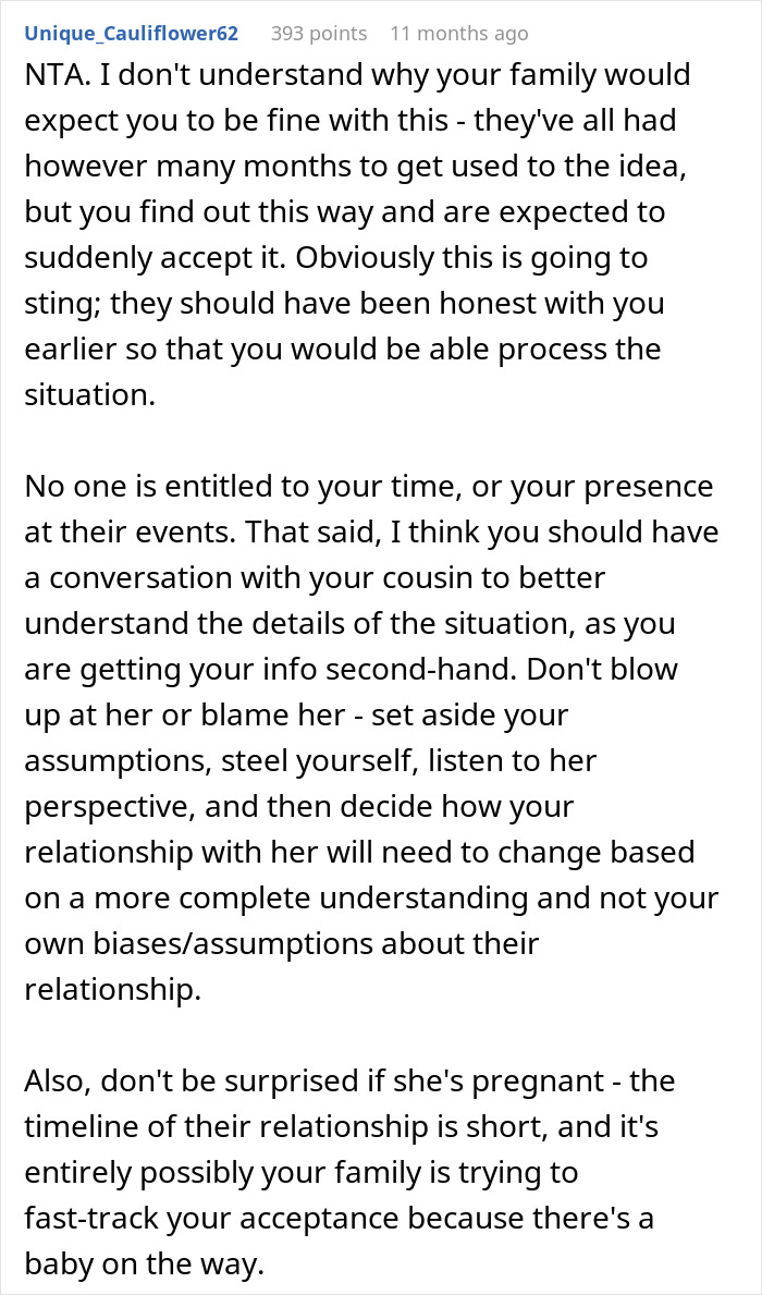 Comment discussing family and relationship dynamics after guy marries ex-girlfriend's cousin.