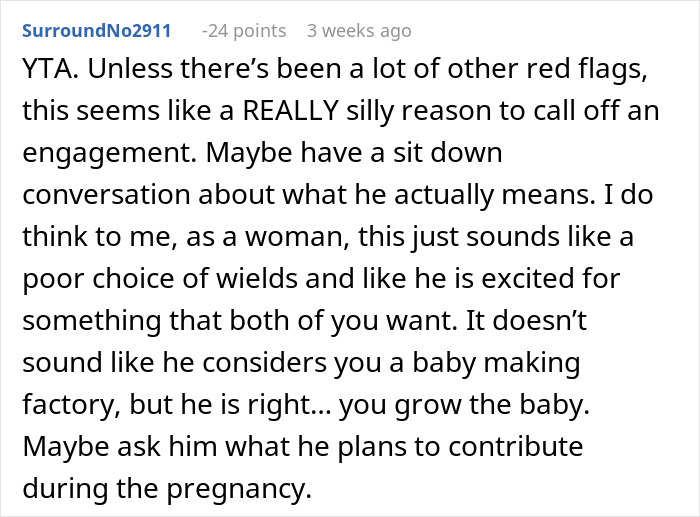 Reddit comment discussing a man considering starting a family as his fianc&eacute;e's job, suggesting a conversation.