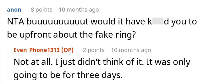 Reddit comments discussing a fake ring, leading to an engagement ending.