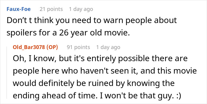 Reddit comment thread discussing spoilers for a 26-year-old movie.