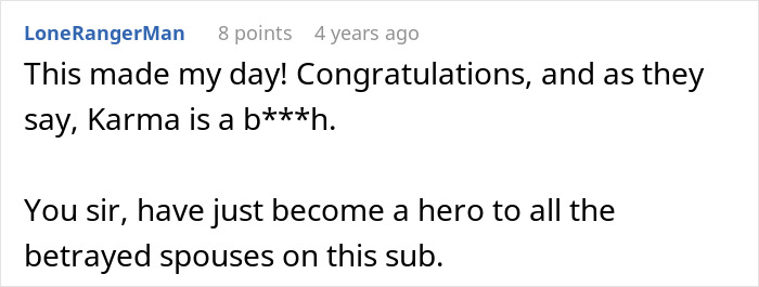 Screenshot of a comment discussing betrayed spouses and karma.
