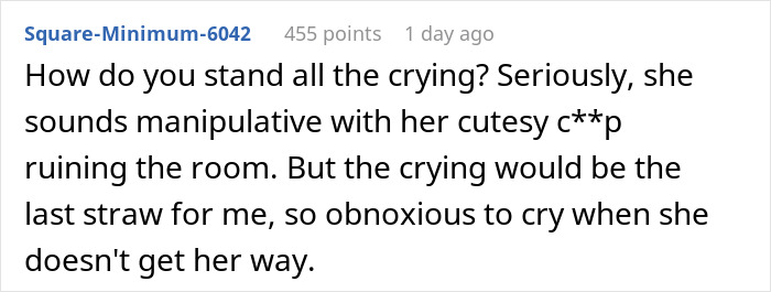 Comment criticizing kitchen decorating choices, emphasizing manipulation and crying as issues. Comment criticizing kitchen decorating choices, emphasizing manipulation and crying as issues.
