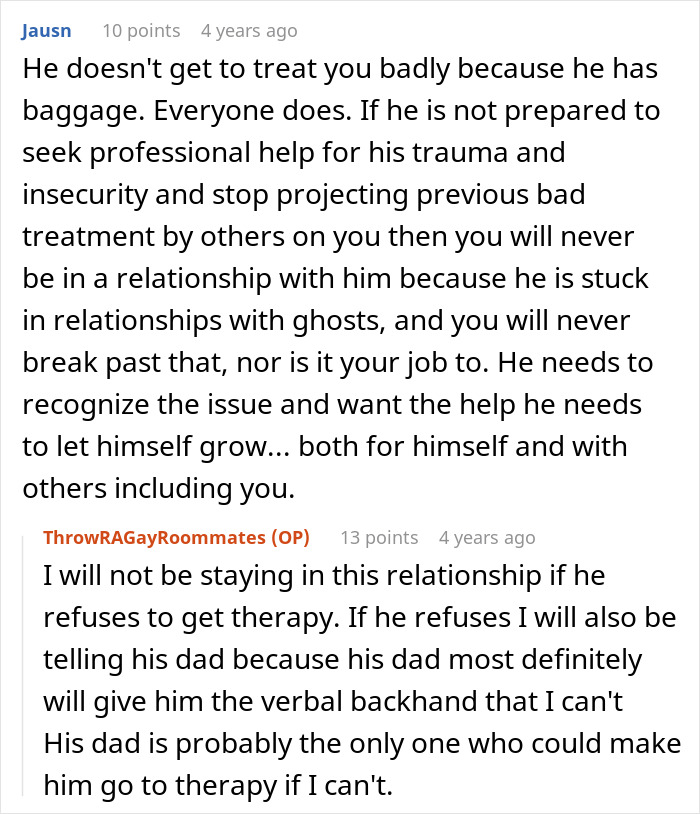 Discussion on relationship and breakup advice related to trauma and therapy needs.