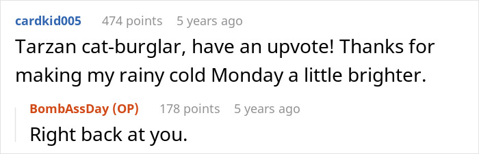 Reddit exchange about a humorous cat-burglar story, with users exchanging lighthearted comments.