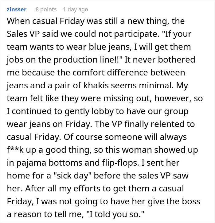 Text on image shares a story about a manager enforcing business attire on casual Fridays at a bank.