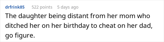 Comment discussing a personal issue related to a parent's infidelity, with text emphasizing family distance.