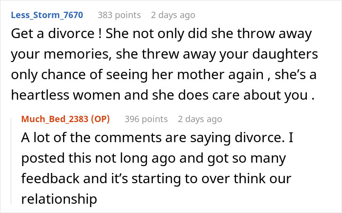 Reddit comment discussing a man's new wife's actions regarding tapes of his late wife.