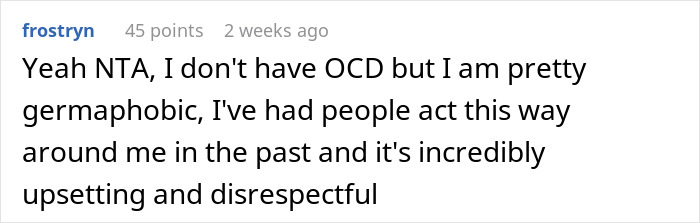 Reddit comment discussing OCD, germophobia, and disrespectful behavior.