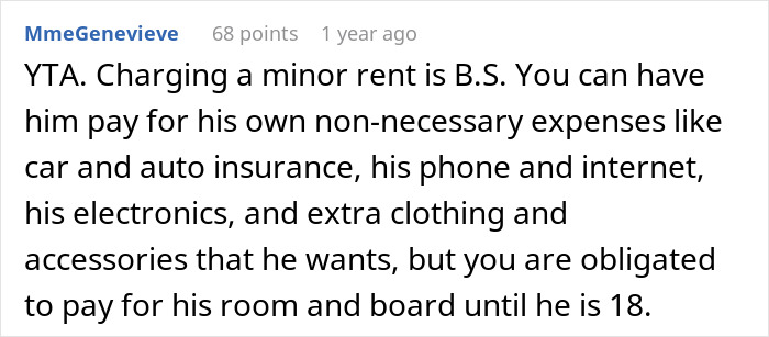 Comment on charging rent to a minor, discussing obligations and non-necessary expenses.