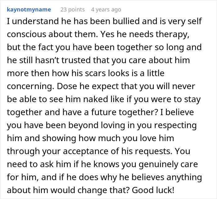 Reddit comment discussing relationship trust issues and burn scars.