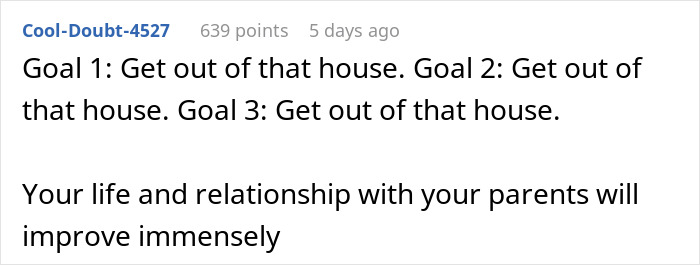 User comment advising on improving relationship with parents by moving out.