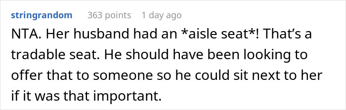 Comment discussing refusal to give up plane seat for a rude pregnant woman. Comment discussing refusal to give up plane seat for a rude pregnant woman.