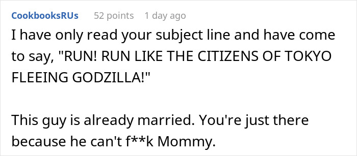 Comment on marriage advice, highlighting strong emotions and relationships.