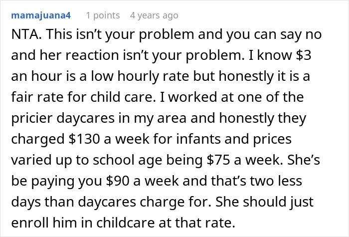 Text comment discussing babysitting rates, mentioning $3 an hour being low but comparable to daycare costs.
