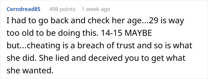 Reddit comment criticizing a girlfriend for testing her boyfriend's loyalty with a fake Instagram account.