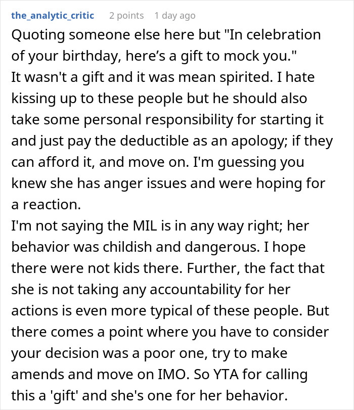 Comment discussing MIL demand for hospital bill payment after a gift incident. Comment discussing MIL demand for hospital bill payment after a gift incident.
