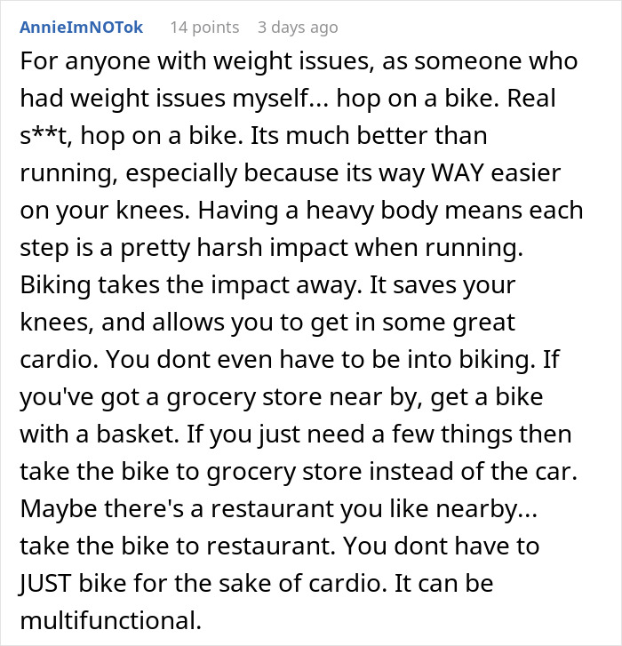 Text encouraging biking for weight loss and health benefits, discussing its advantages over running.