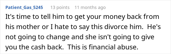 Comment on financial abuse related to a secret loan to mom without informing the wife.