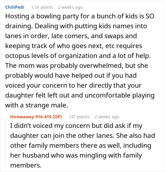 Reddit comment about a mom taking her daughter home from an uncomfortable birthday party experience.