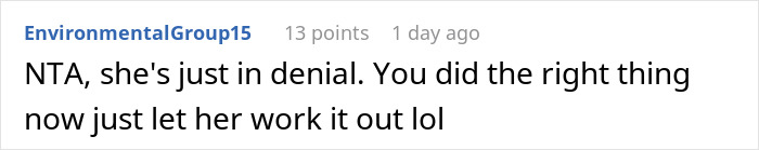 Comment on Reddit about dating a neighbor's husband, suggesting she's in denial.