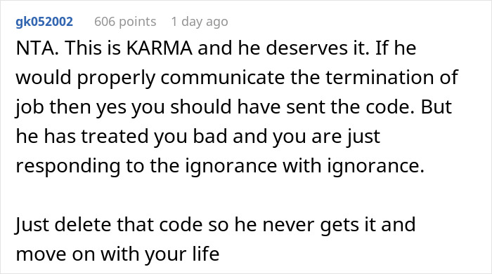 Text comment on karma and ignoring ex-boss's request for authentication code.
