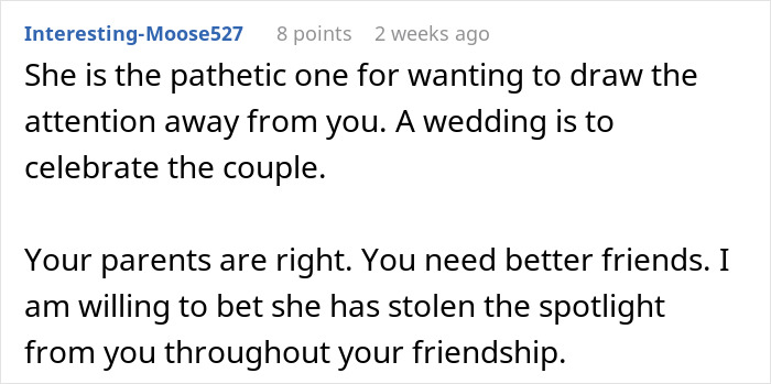 Screenshot of a comment discussing a friend's engagement plans at a wedding, calling it "pathetic" and supporting the bride.