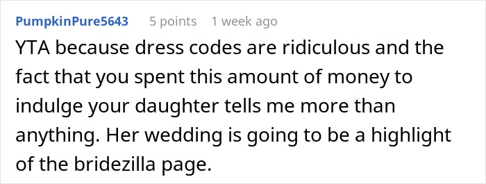 Comment criticizing mom's Sweet 16 dress code rules, predicting future bridezilla behavior.