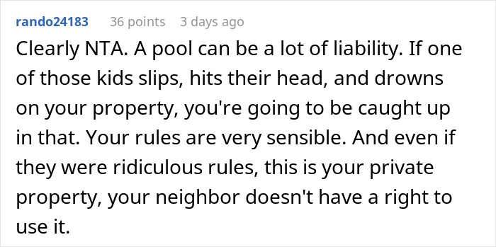 Text from a comment discussing liability and rules for a homeowner's pool.