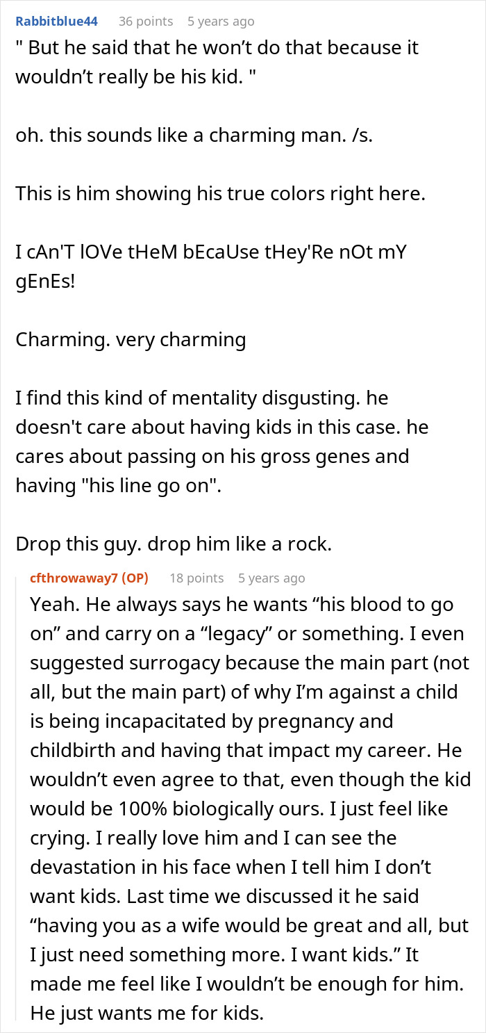 Reddit comments discussing a woman's fear of motherhood and her boyfriend's insistence on having children.