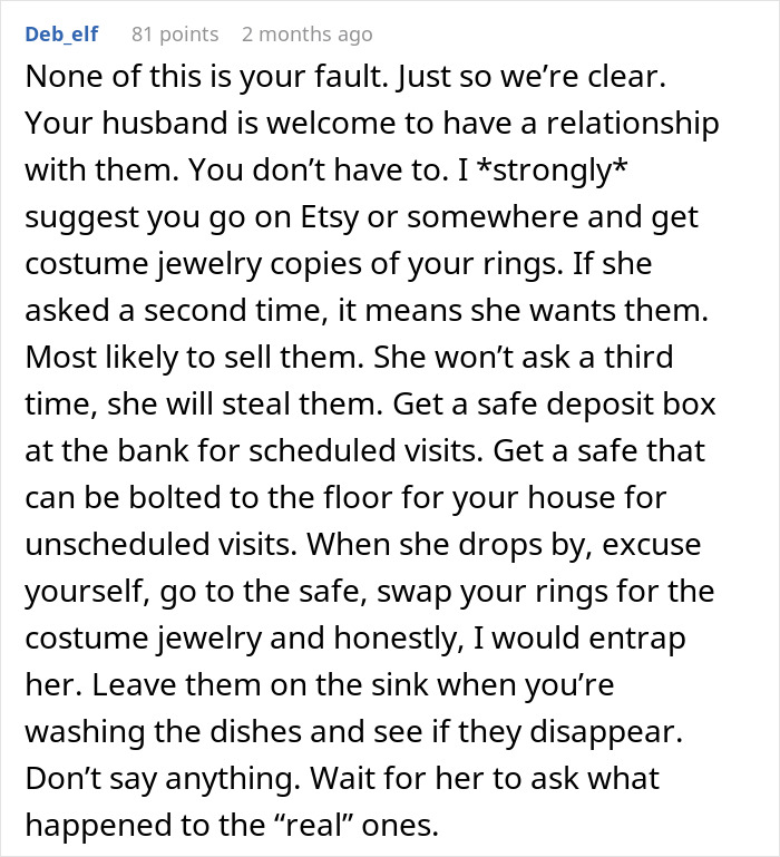 Comment suggesting protection of family heirloom wedding ring from a toxic MIL demanding it back. Comment suggesting protection of family heirloom wedding ring from a toxic MIL demanding it back.