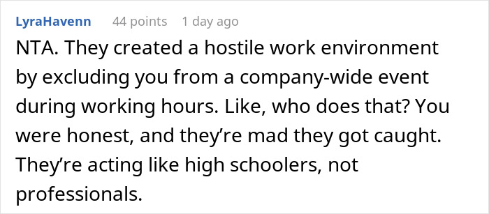 Reddit user comment about being excluded from an office party, calling it a hostile work environment.