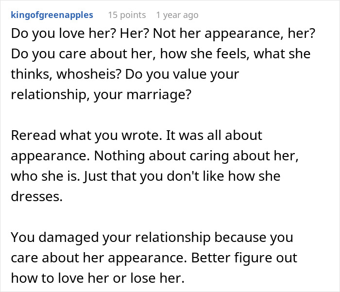 Comment criticizing focus on appearance over relationship value, urging reflection and appreciation of partner's true self. Comment criticizing focus on appearance over relationship value, urging reflection and appreciation of partner's true self.