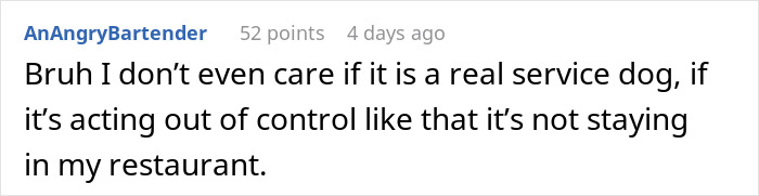 Text from a server expressing frustration about an out-of-control service dog in a restaurant.