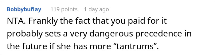 Reddit comment criticizing MIL's demand for payment after gift incident, warning of future "tantrums. Reddit comment criticizing MIL's demand for payment after gift incident, warning of future "tantrums.