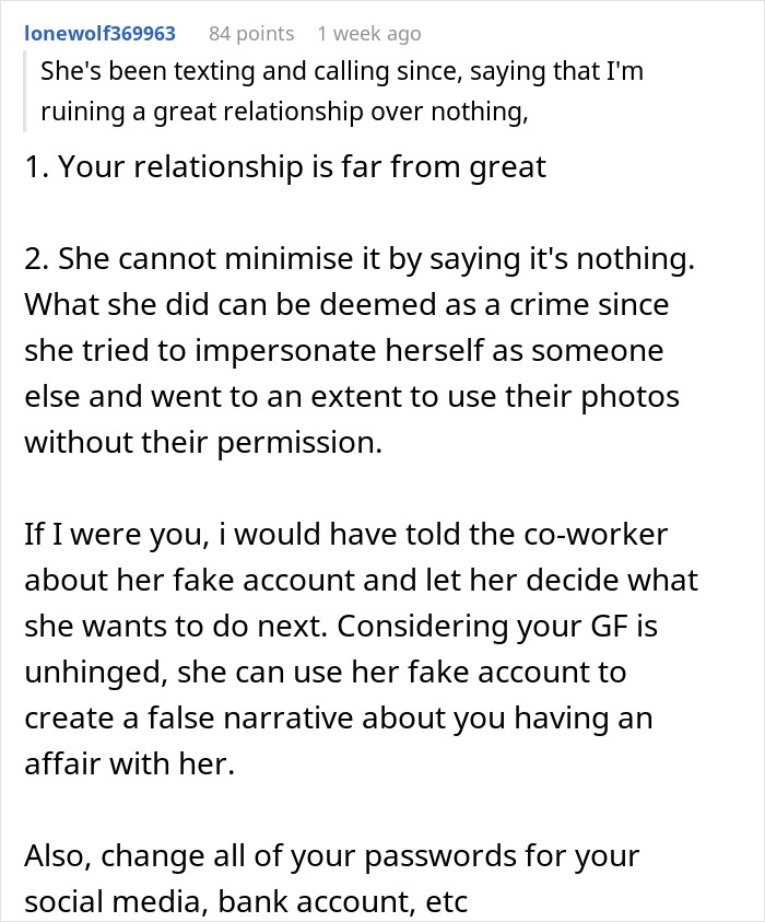 Text about a fake IG account, discussing relationship issues and potential misuse of personal information.