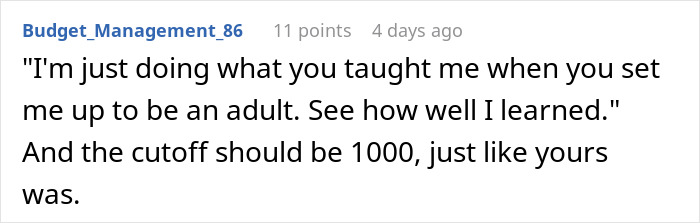 Reddit comment discussing lessons on adulthood and setting financial limits, connected to man losing home living with stepdaughter. Reddit comment discussing lessons on adulthood and setting financial limits, connected to man losing home living with stepdaughter.
