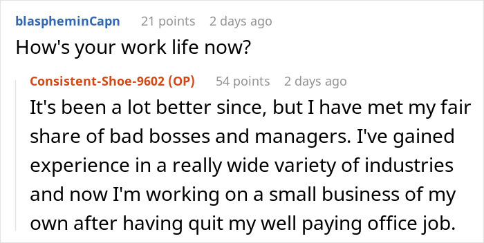 Conversation about work life improvement after dealing with bad bosses.