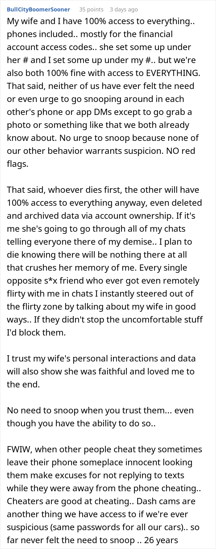 Man discusses trust in marriage, mentions wife monitoring spending and phone camera use.