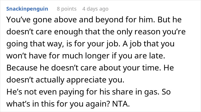 Reddit comment discussing frustration with giving rides to someone who's frequently late.