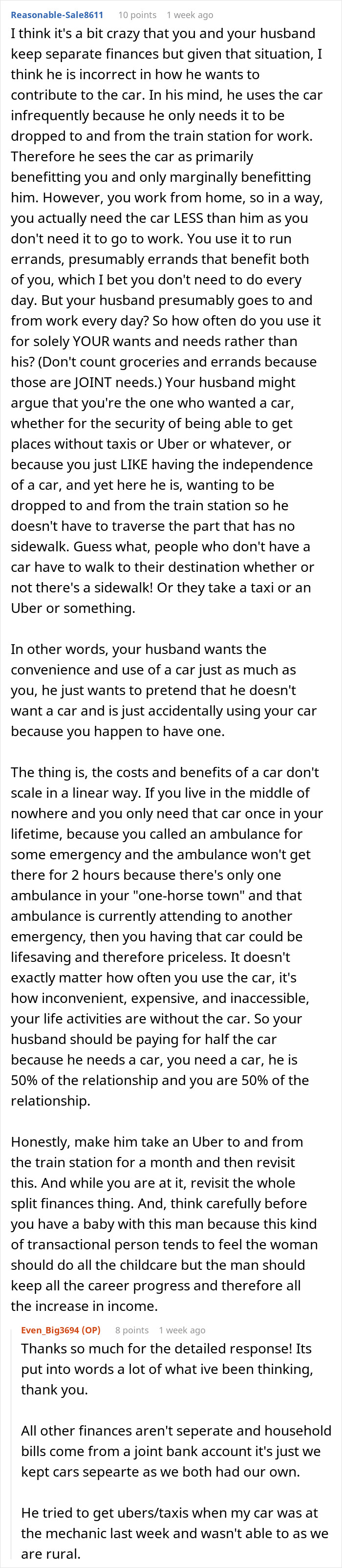 Woman questions if wanting husband to pay half car bills makes her the bad guy; Reddit discussion screenshot. Woman questions if wanting husband to pay half car bills makes her the bad guy; Reddit discussion screenshot.