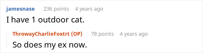 Two users exchange comments about their outdoor cat situation.