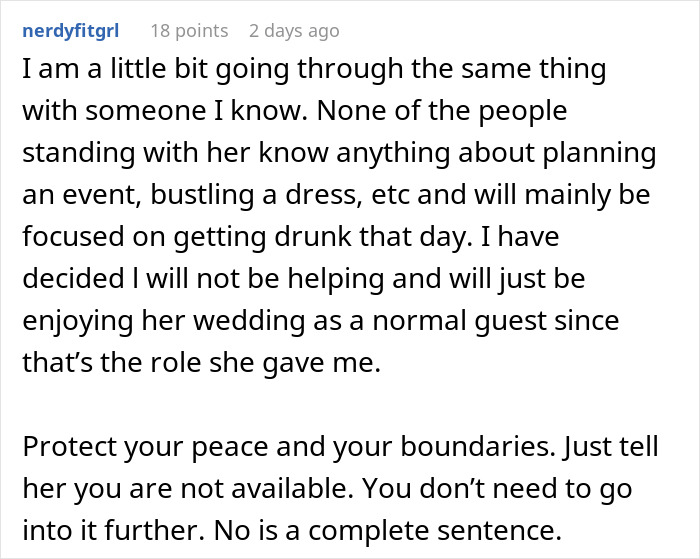 Text describing reluctance to provide free labor for wedding prep, emphasizing boundaries and enjoying as a guest. Text describing reluctance to provide free labor for wedding prep, emphasizing boundaries and enjoying as a guest.