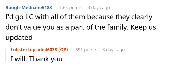 Reddit thread discussing a woman feeling excluded by family, highlighting advice to go LC (low contact).