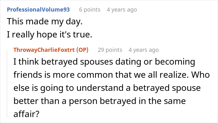 Discussion on commonality of betrayed spouses finding connection post-affair.