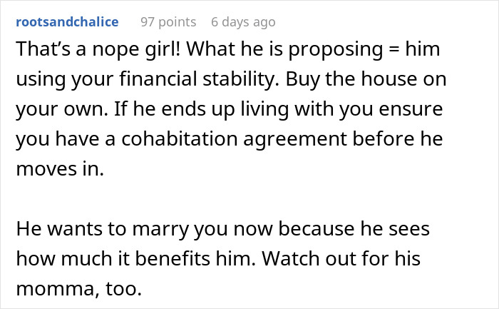 Reddit comment discussing property advice and financial stability in relationships.