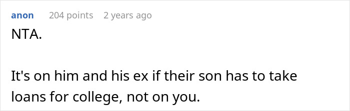 Reddit comment on family college fund dispute, criticizing son's parents for potential loans.